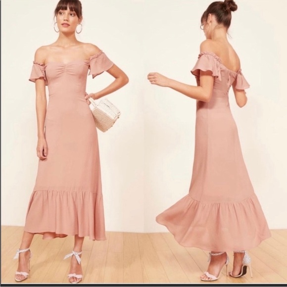 Reformation Dress The Butterfly Midi Flutter Sleeve in Blush Pink - Picture 2 of 8